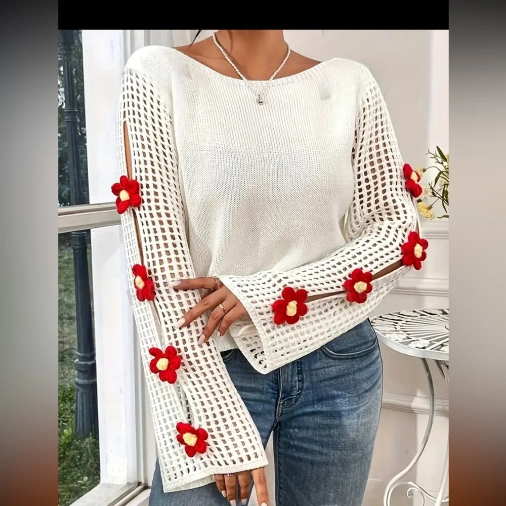 103. Floral Applique Crochet Sweater, Elegant Long Flare Sleeve Crew Neck - Picture 1 of 1